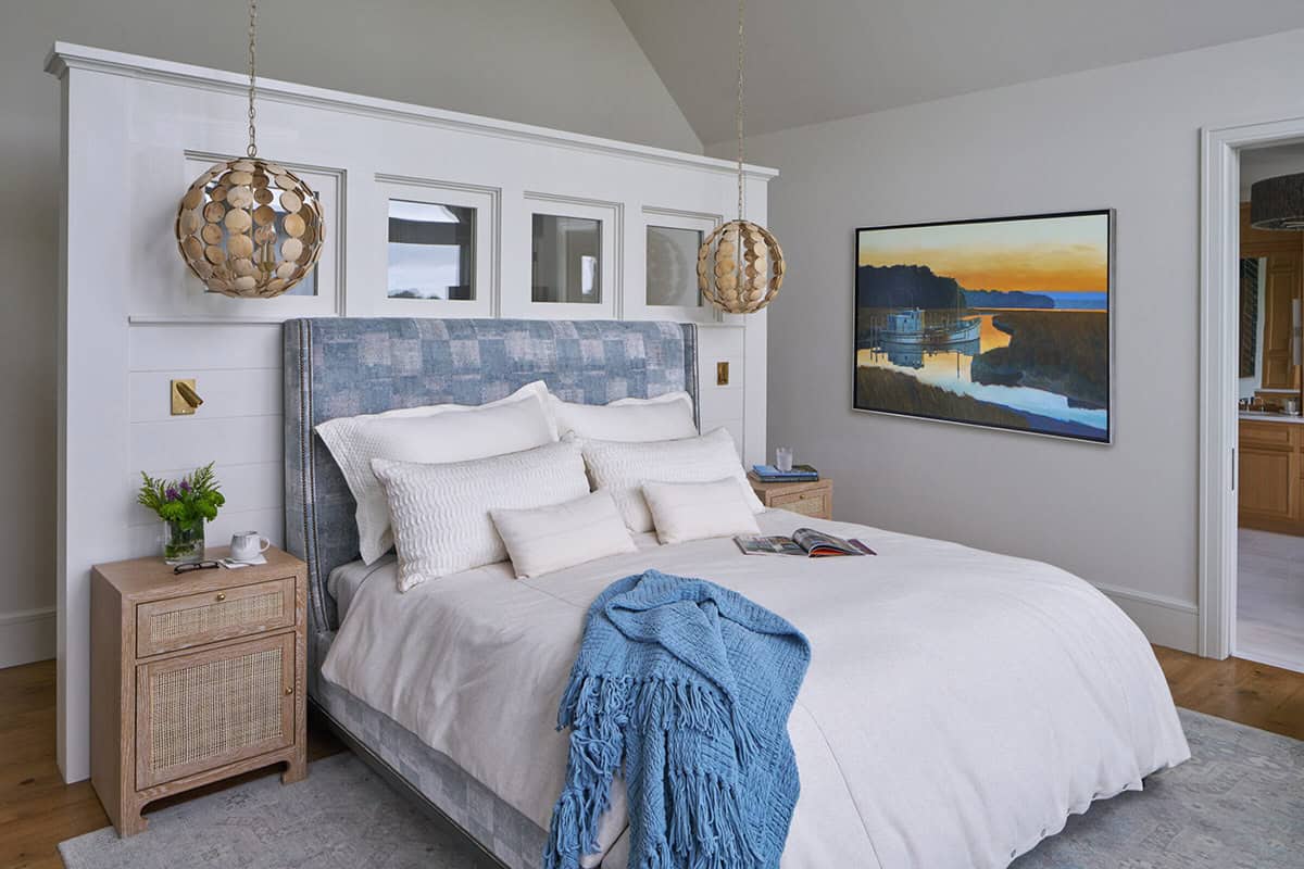 Elegant bedroom with soft coastal palette in Maryland Eastern Shore home