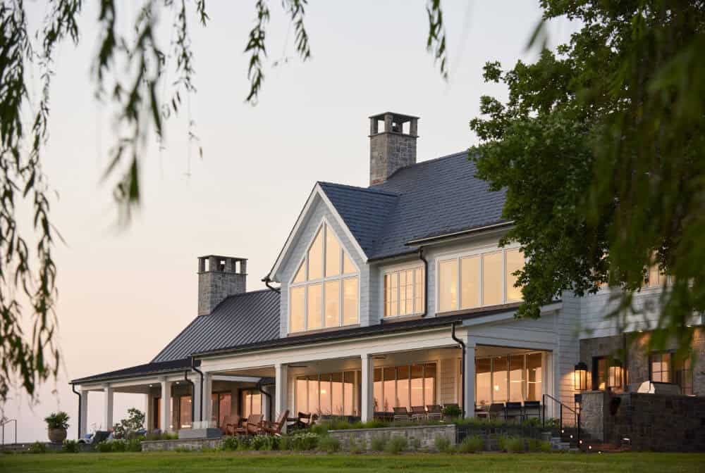 Contemporary rear elevation of Eastern Shore waterfront home at dusk