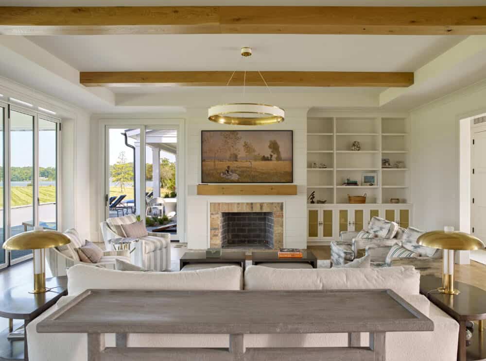 contemporary family room with a fireplace