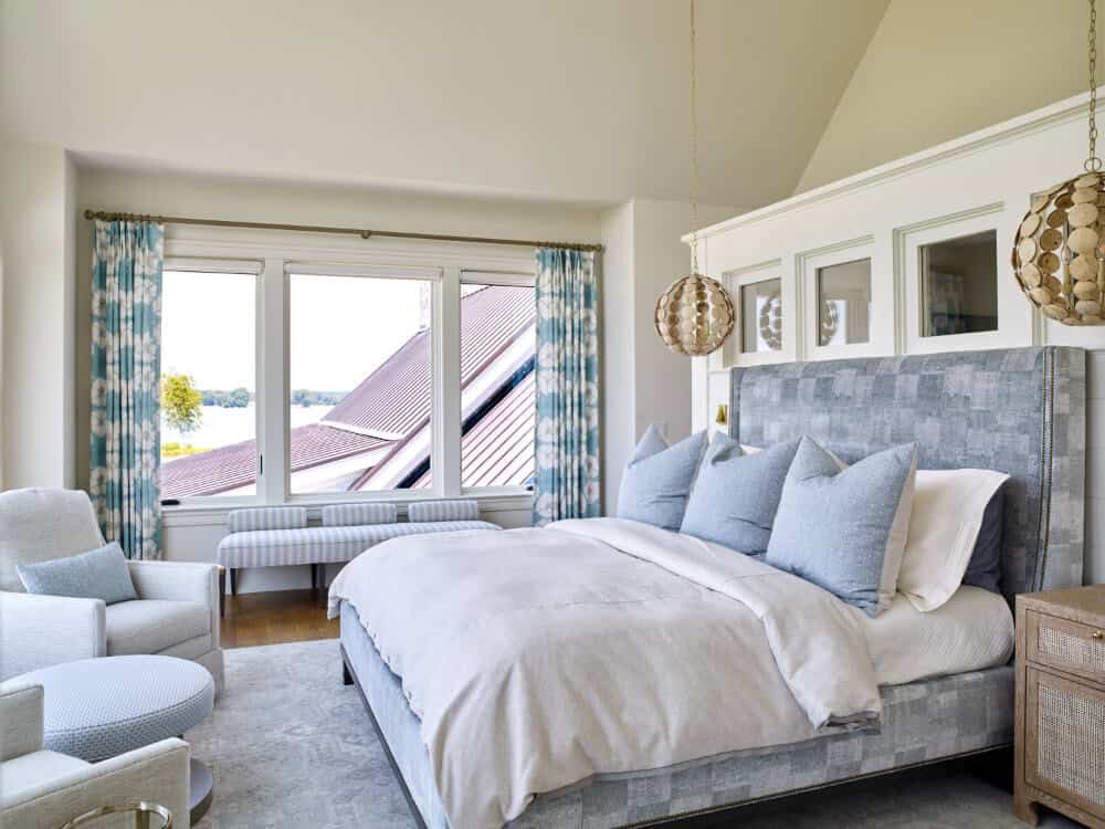 Elegant bedroom with soft coastal palette in Maryland Eastern Shore home