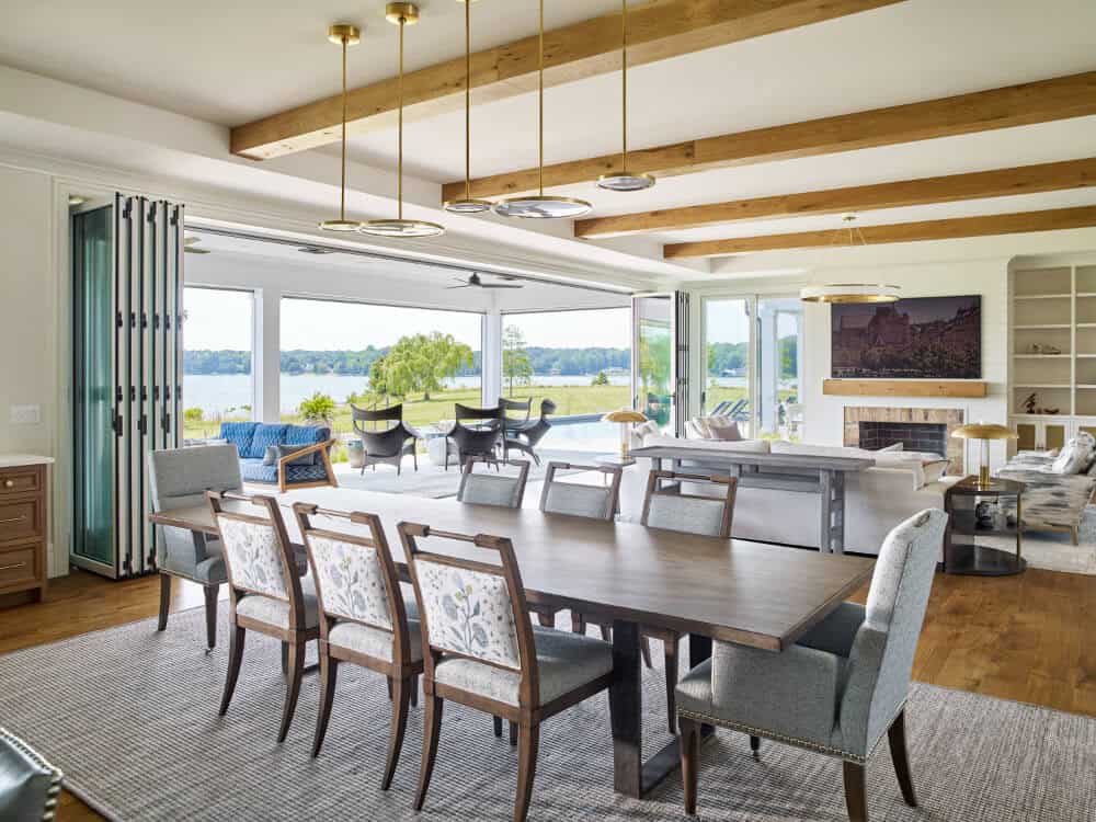 contemporary dining room with sliding glass doors opening to the terrace