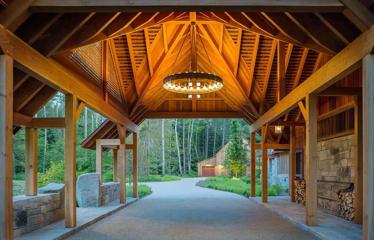 New England lake house exterior side view with natural landscaping, Lake Sunapee, New Hampshire