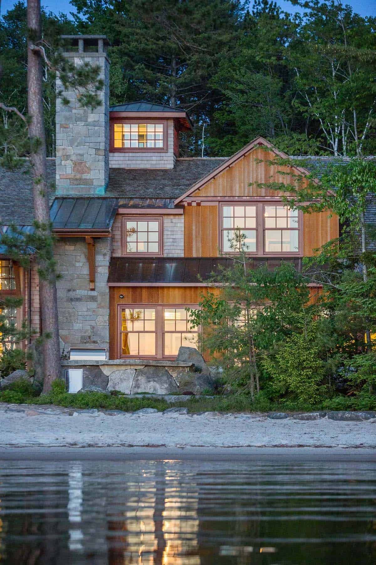 New England lake house exterior elevation with traditional shingle style architecture, Lake Sunapee, New Hampshire