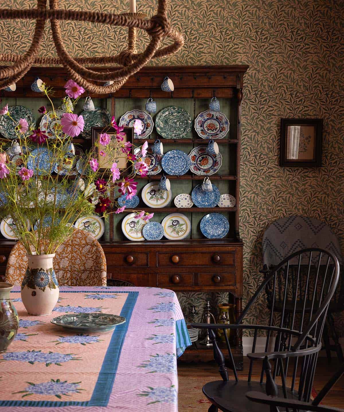 dining room detail with antique Welsh dresser and blue and white plate collection, Colorado equestrian home