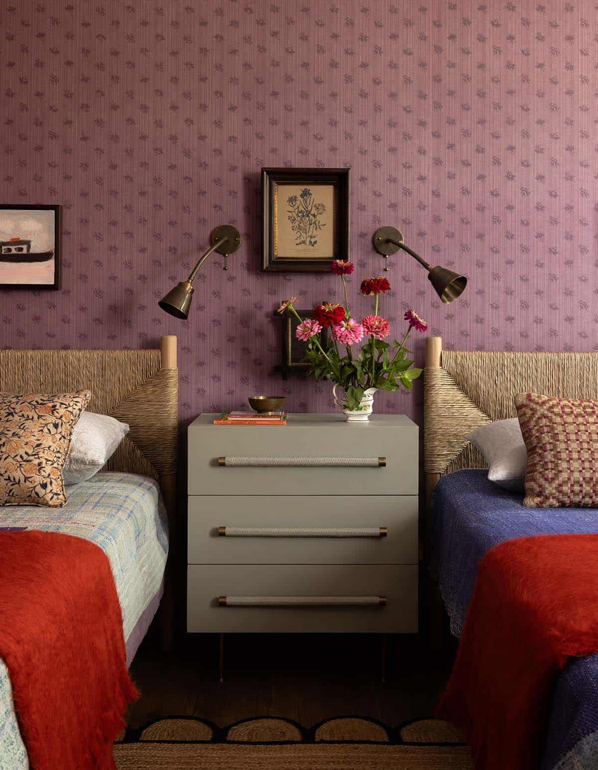 children's bedroom nightstand detail between twin woven headboards, Colorado equestrian home