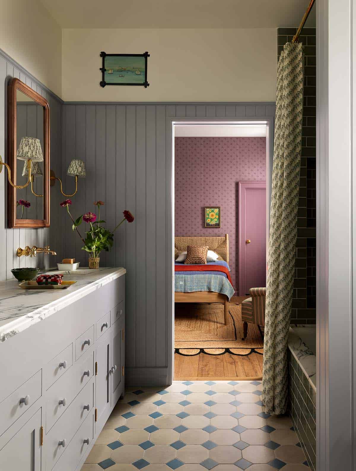 children's bathroom with blue diamond tile floor and gray paneled wainscoting, Colorado equestrian home
