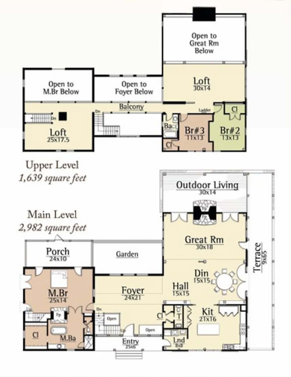 Two-level floor plan showing main level at 2,982 sq ft and upper level at 1,639 sq ft