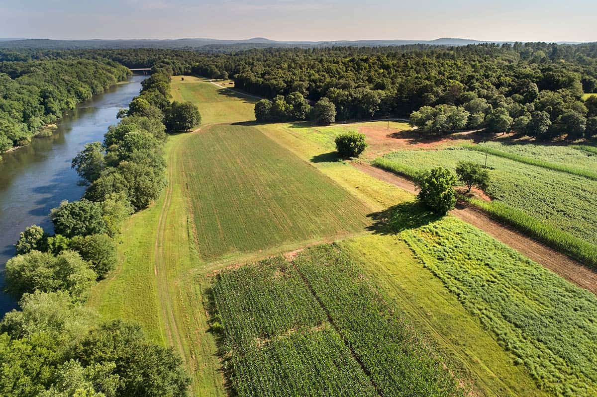 Aerial view of contemporary home tucked into wooded riverfront property