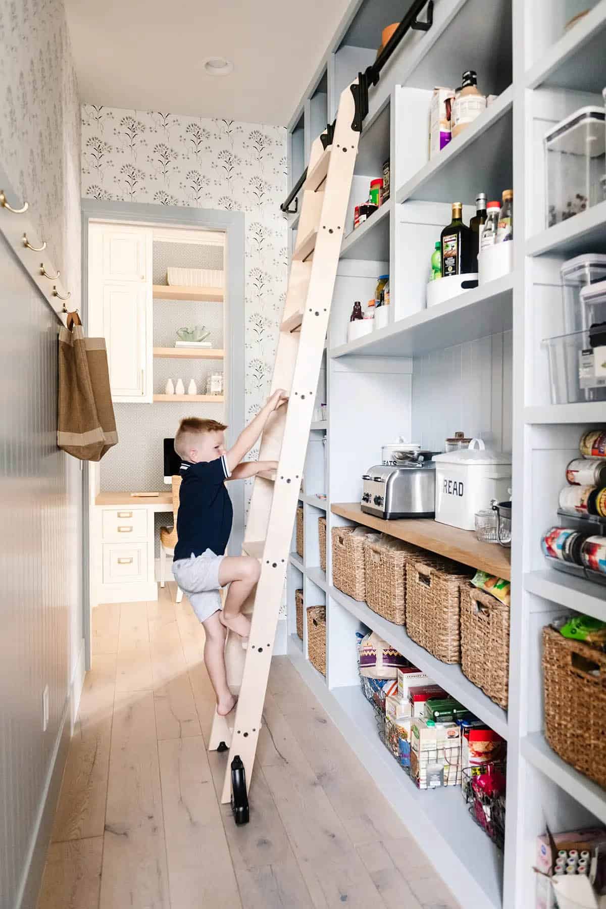 Walk-in pantry with rolling library ladder, floor-to-ceiling shelves, and wicker baskets