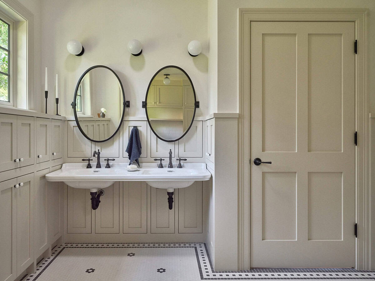 Double bathroom vanity with a farmhouse design, Shaker-style cabinetry, and a white sink basin