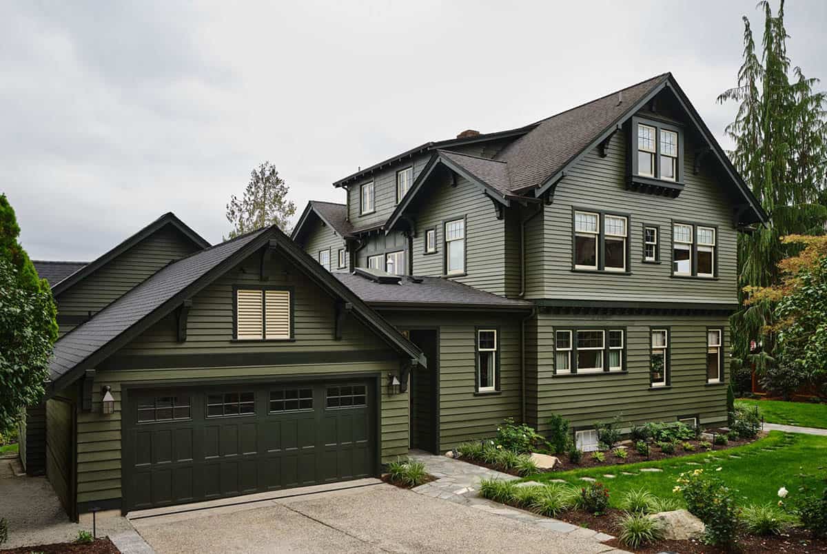 Craftsman farmhouse exterior with sage green siding