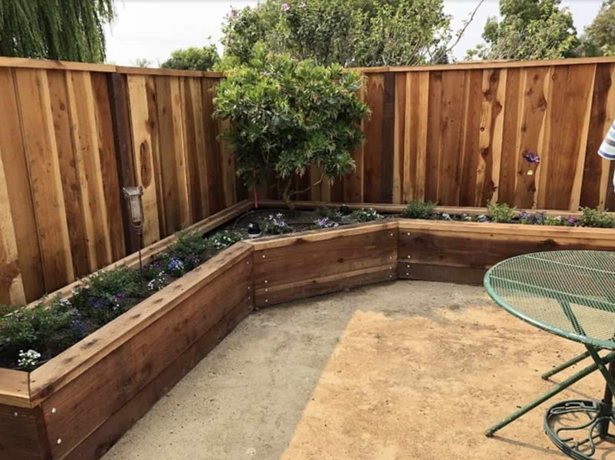 shaped cedar raised narrow garden bed along fence with flowering plants and small tree