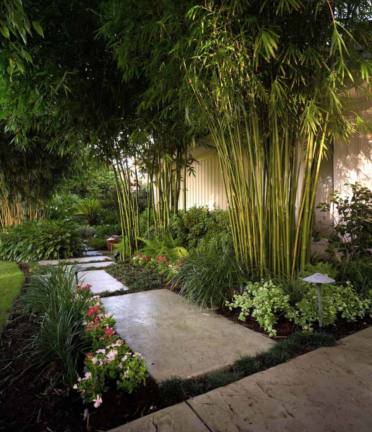 Narrow garden bed with clumping bamboo, impatiens, ferns, and large stone pavers alongside house