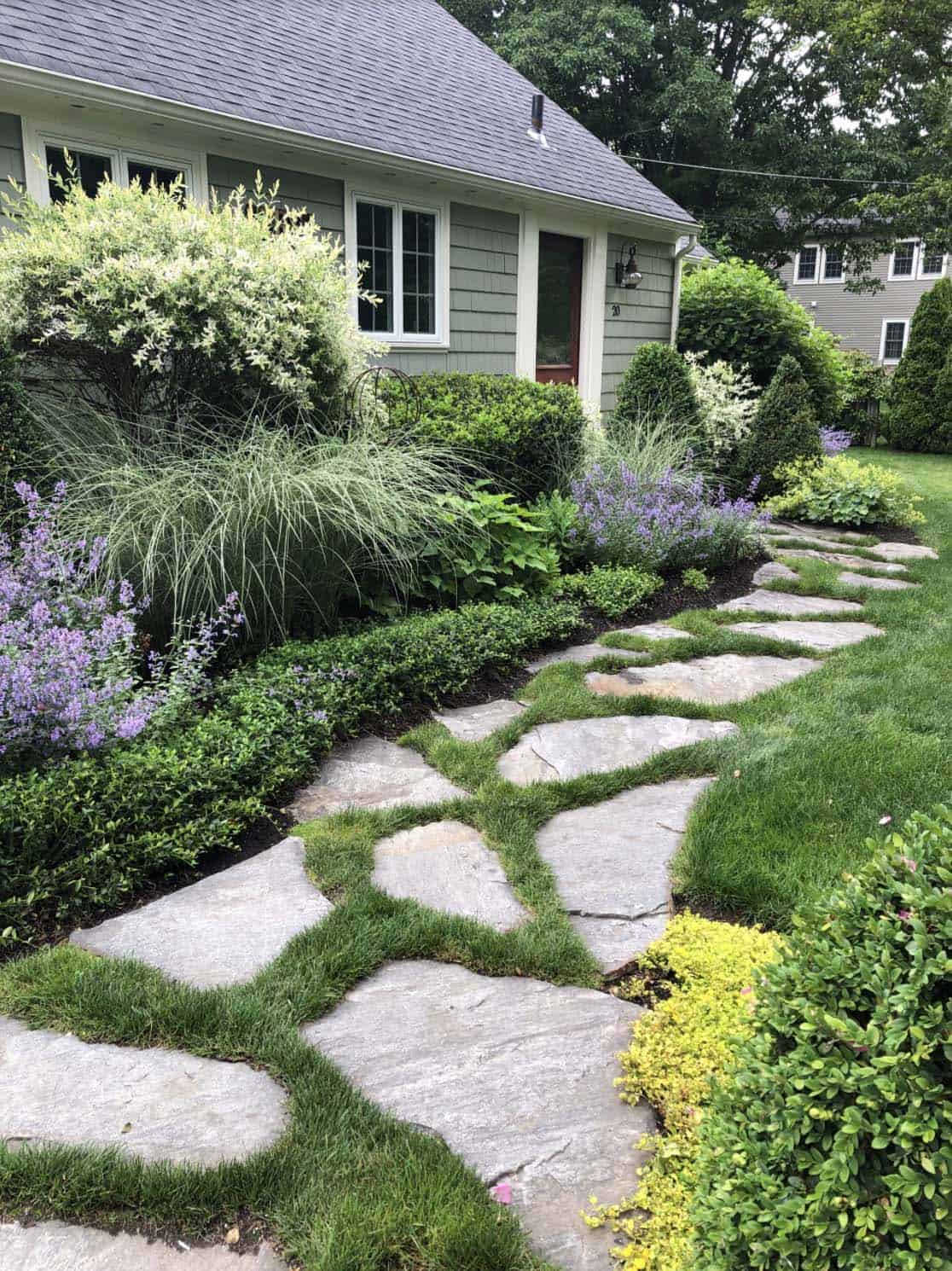 Small front yard with flagstone path, ornamental grasses, catmint, and layered foundation plantings