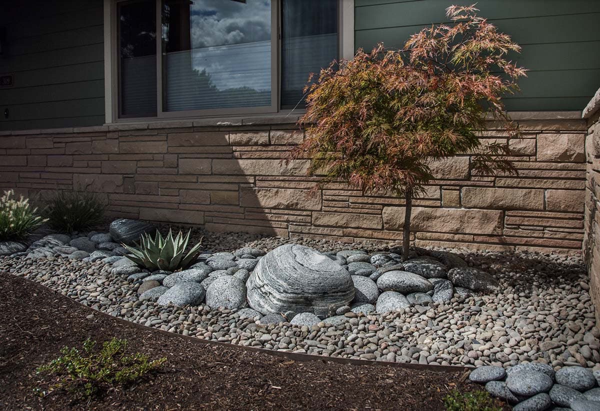 Small front yard foundation bed with river rocks, boulder, Japanese maple, and agave
