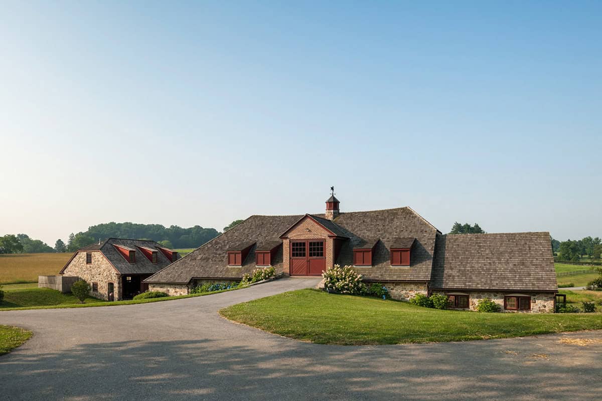 Fieldstone barn complex with red doors, cedar shake roof, and weather vane set on open farmland