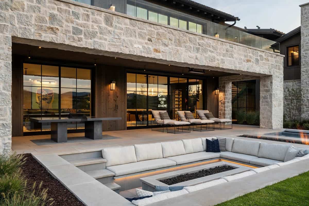 Sunken outdoor fire pit lounge with stone lower level facade and neon bar visible inside