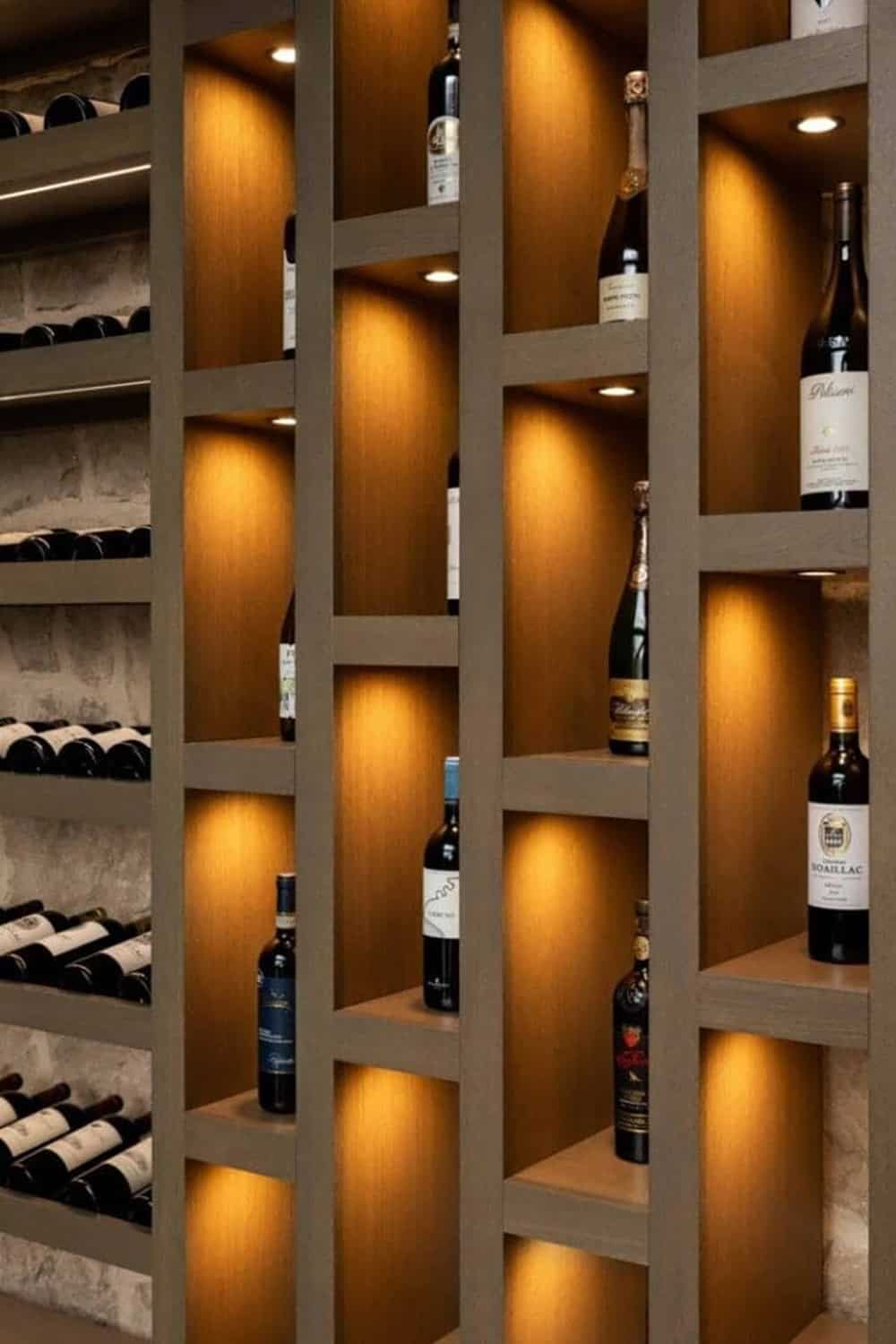 Backlit wine cellar display with individual bottle cubbies and stone wall accent