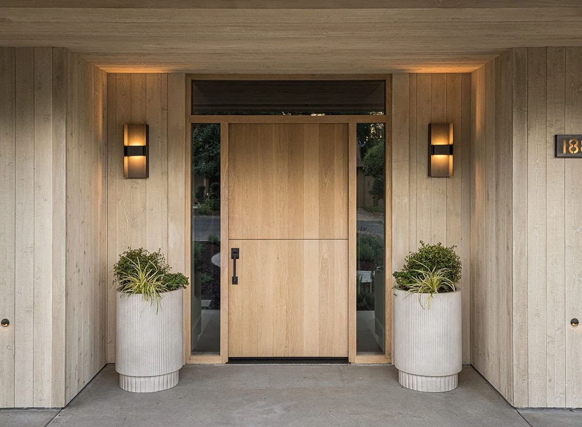 Modern wood front door with sidelights
