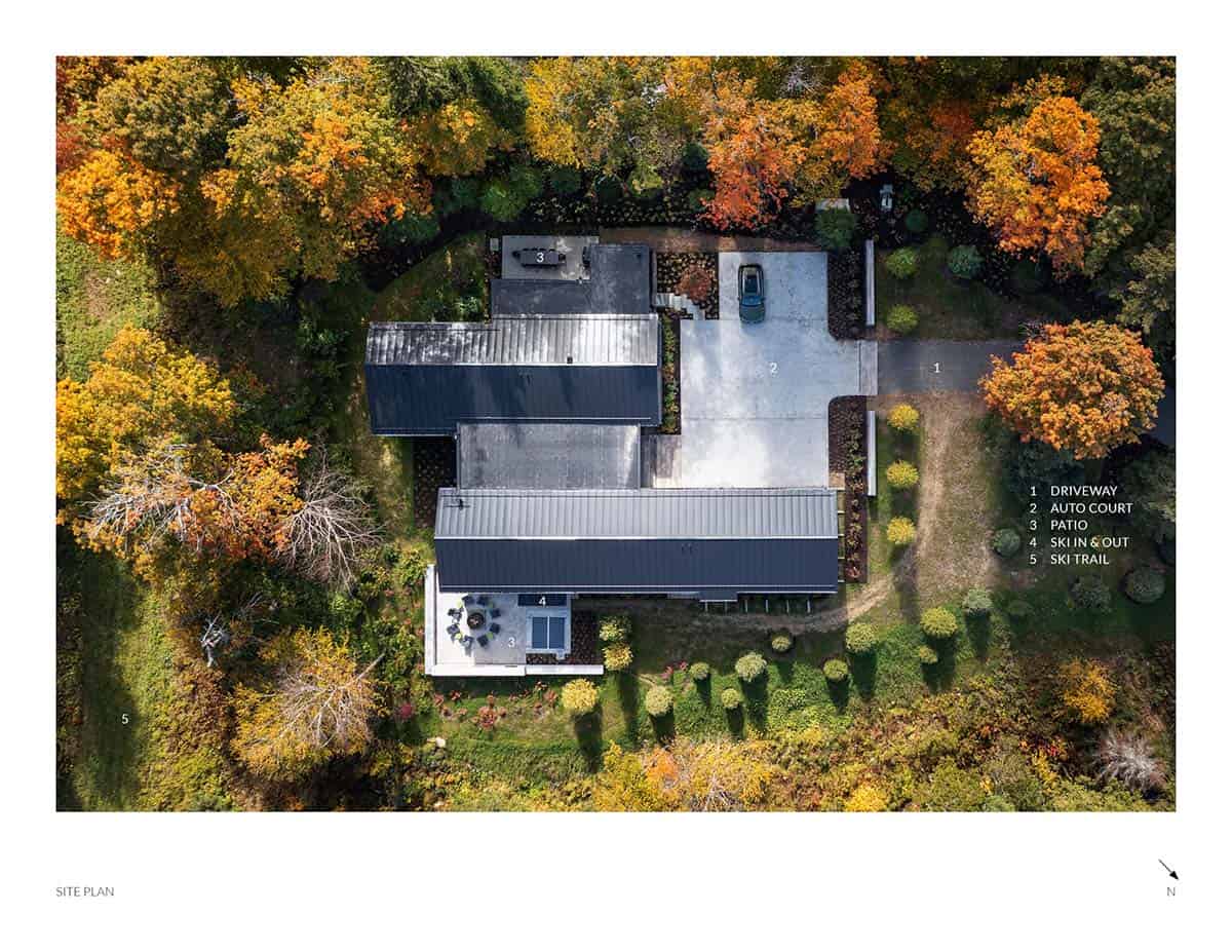 Aerial site plan diagram labeling driveway, auto court, patio, ski-in/ski-out access, and ski trail