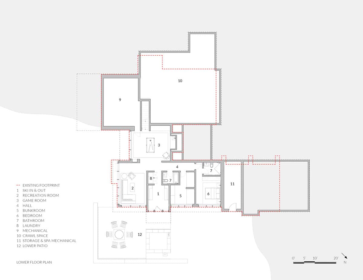 Architectural lower floor plan showing ski in/out, recreation room, game room, bunkroom, bedrooms, and lower patio