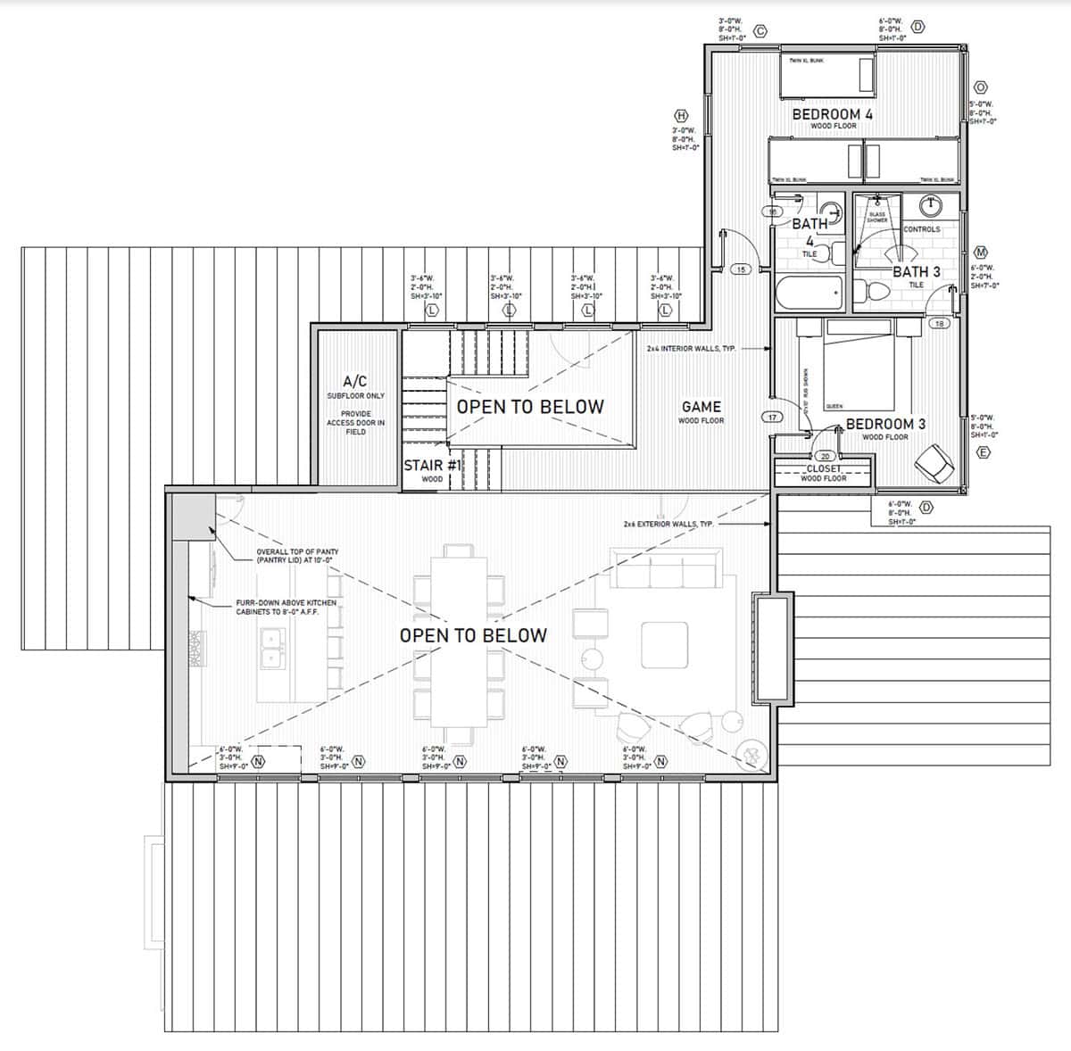 modern rustic cabin retreat floor plan, upper level