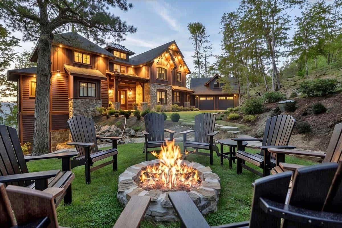 Modern rustic mountain home exterior at dusk with stone fire pit and Adirondack chairs