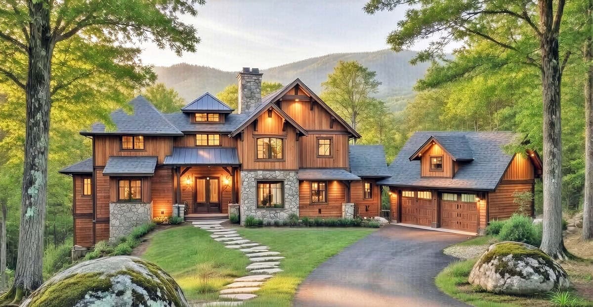 Craftsman-style mountain home with cedar siding, stone accents, and wooded backdrop