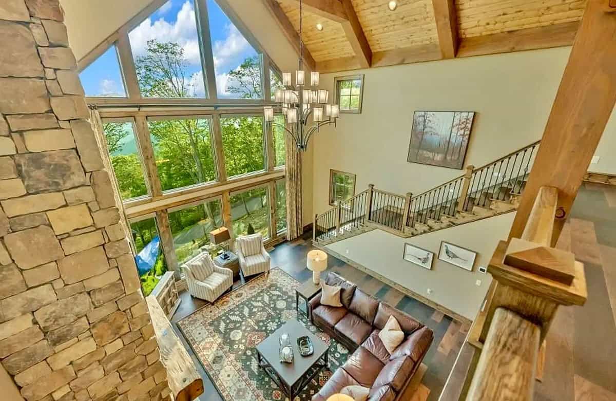 great room overhead view with floor-to-ceiling windows and natural light