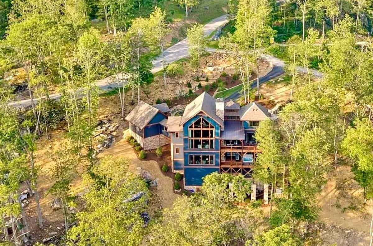 Craftsman-style mountain home aerial view