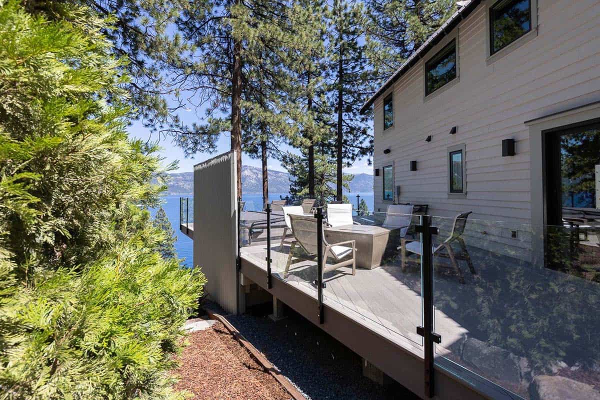 Mountain lodge home exterior deck overlooking Lake Tahoe