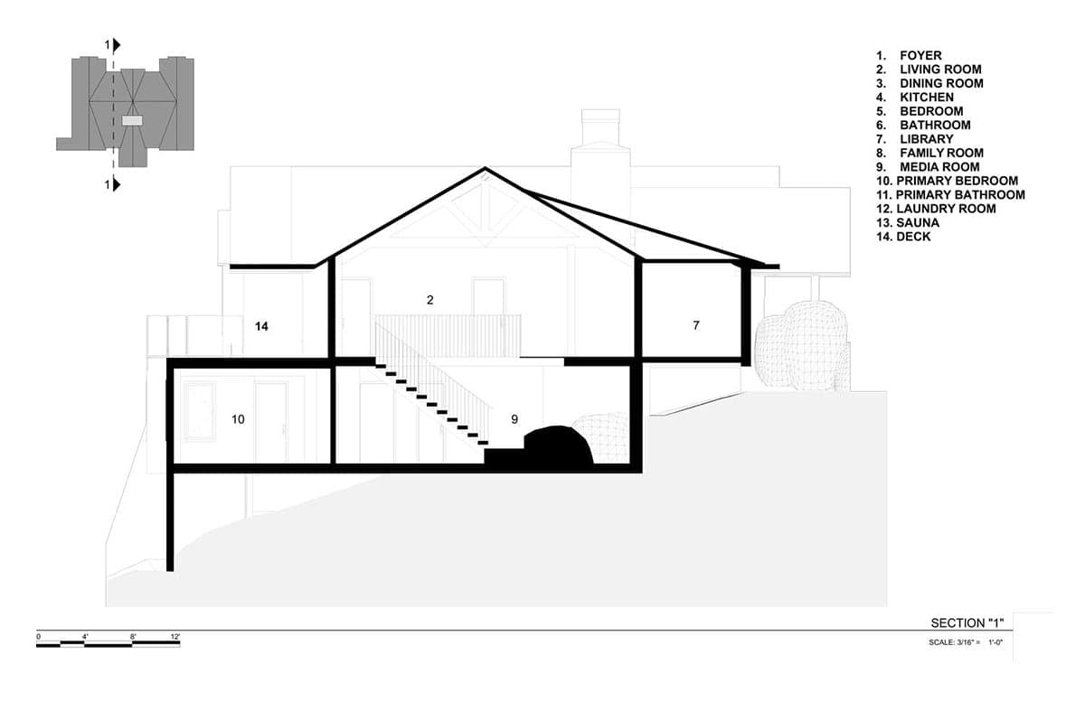 Mountain lodge home section plan