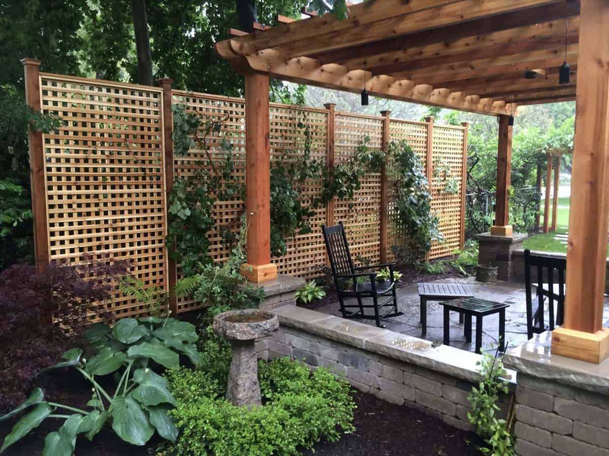 outdoor room with a pergola and lattice privacy screen