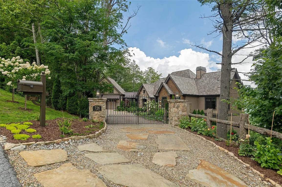 gated entrance, stone pillars, iron gate, flagstone driveway, rustic mountain home, North Carolina