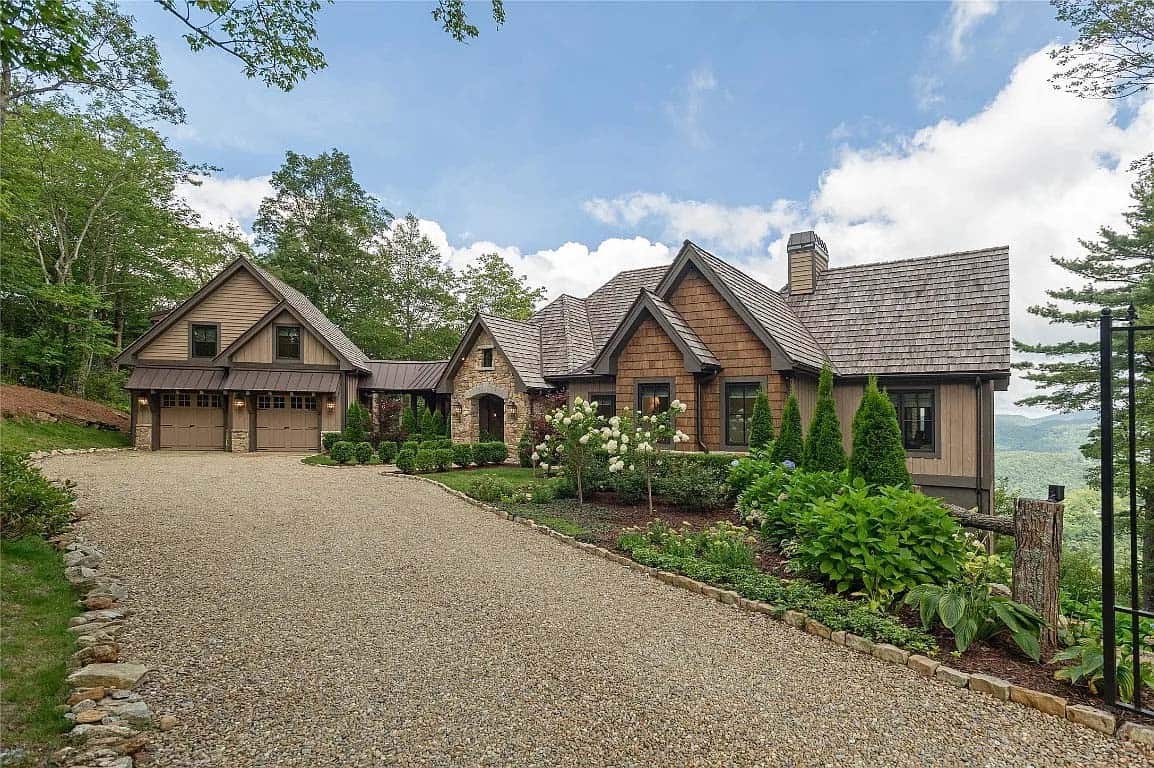 front exterior, gravel driveway, cedar shake roof, stone and shingle siding, Blue Ridge Mountain views