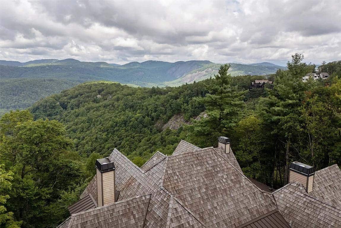 mountain home exterior aerial view with sweeping Blue Ridge Mountain views