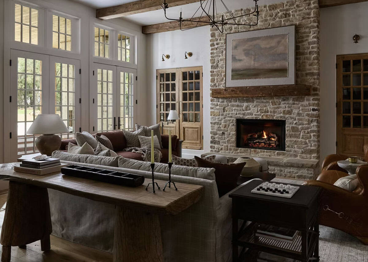 Great Room with Floor-to-Ceiling French Doors and Stone Fireplace