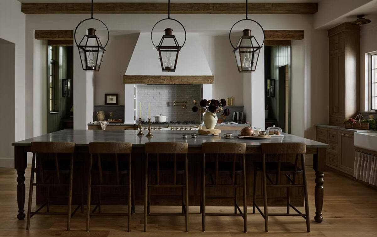Dark Wood Kitchen Island with Lantern Pendants