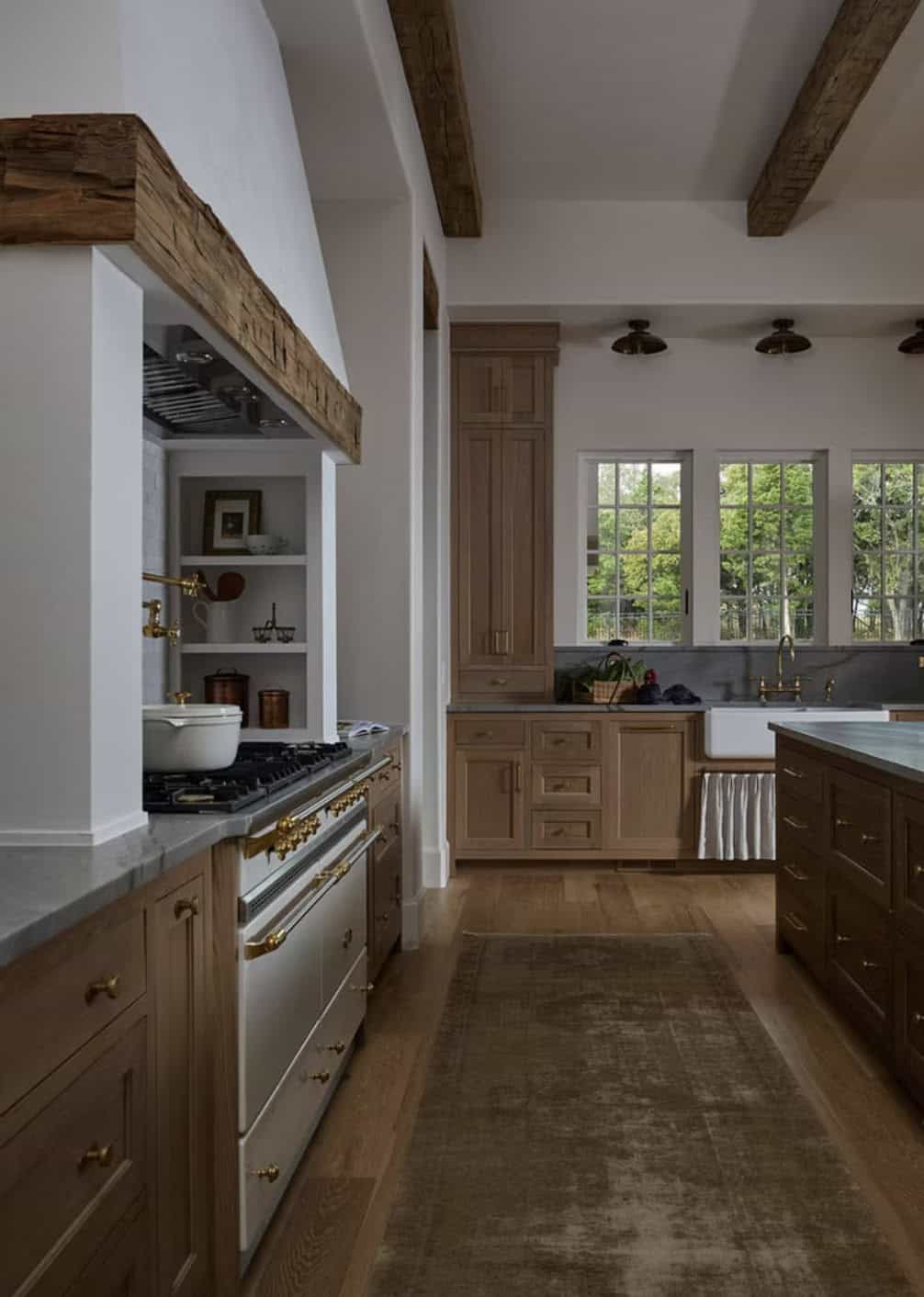 La Cornue Range with Reclaimed Wood Hood and Brass Accents