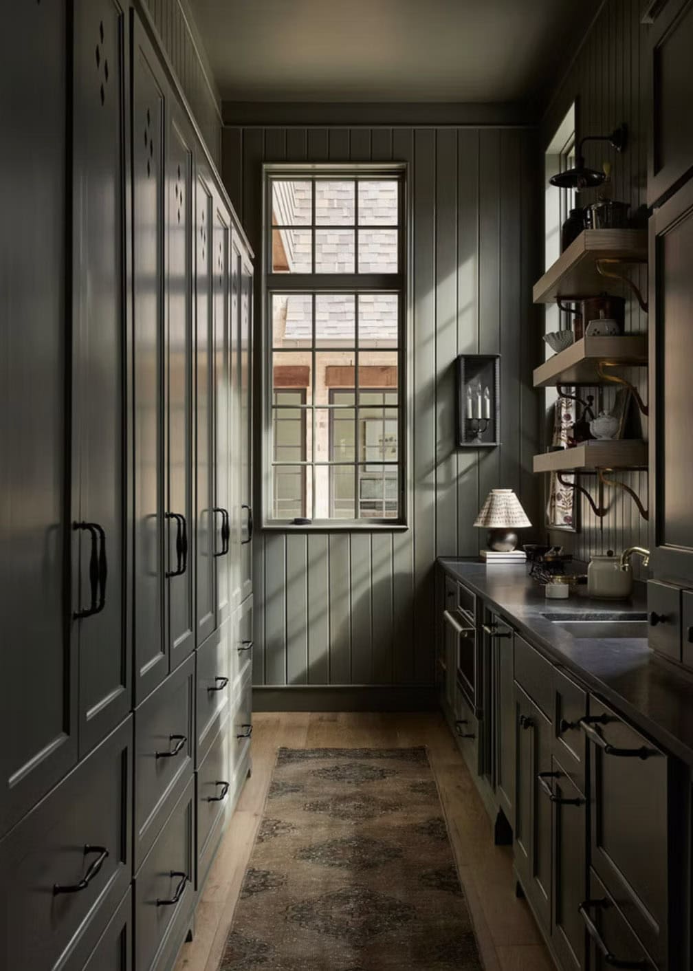 Moody Sage Green Pantry with Vertical Shiplap
