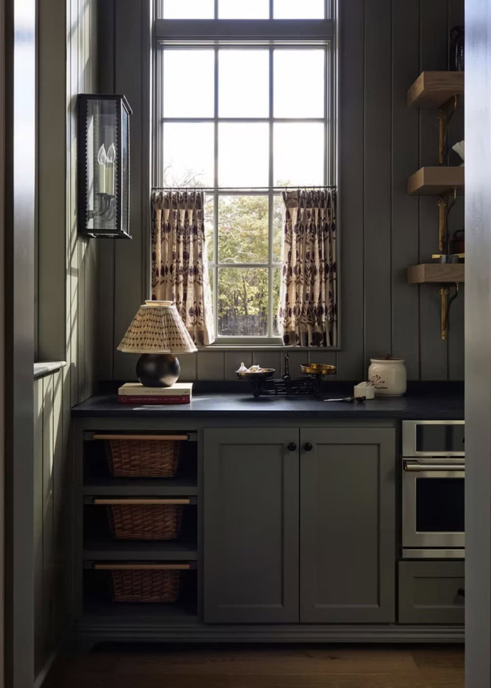 Sage Pantry Corner with Patterned Caf&eacute; Curtains