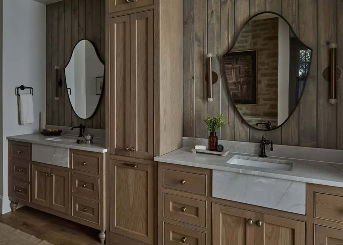 Dual Oak Vanity with Wavy Mirrors and Wood Plank Wall