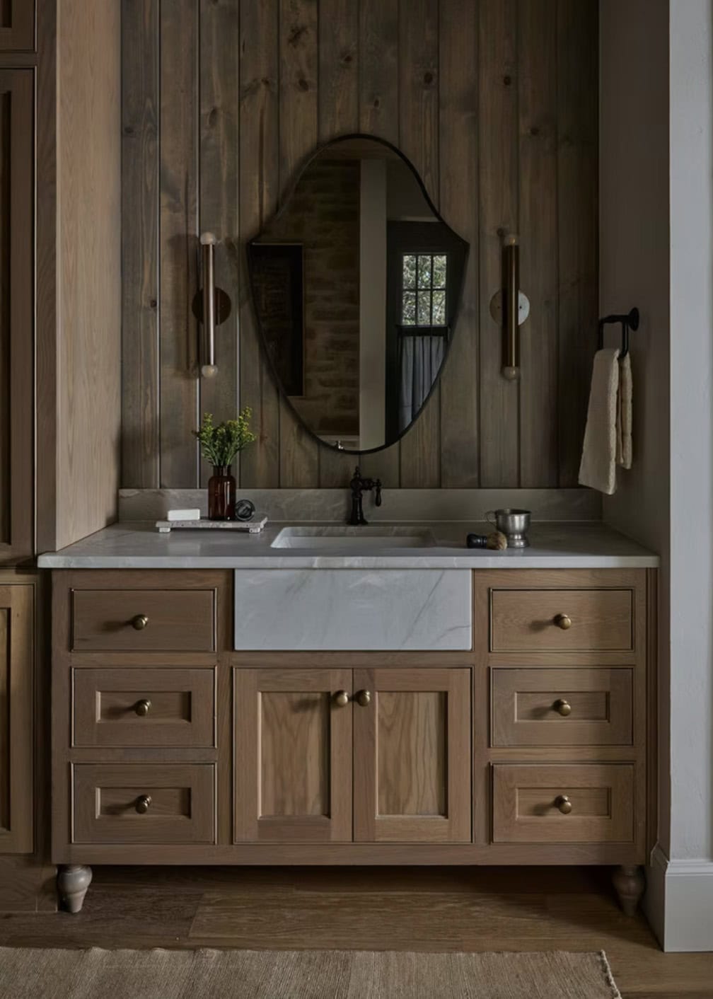 Single Oak Vanity with Farmhouse Sink and Brass Sconces