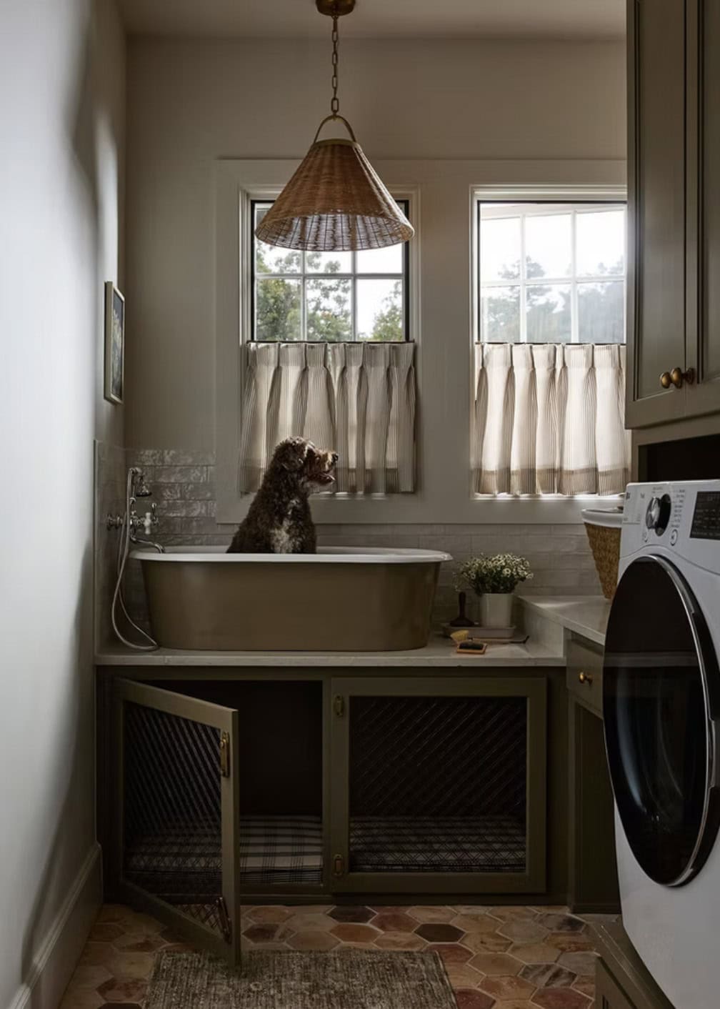 Mudroom Dog Wash Station with Wicker Pendant and Hex Tile