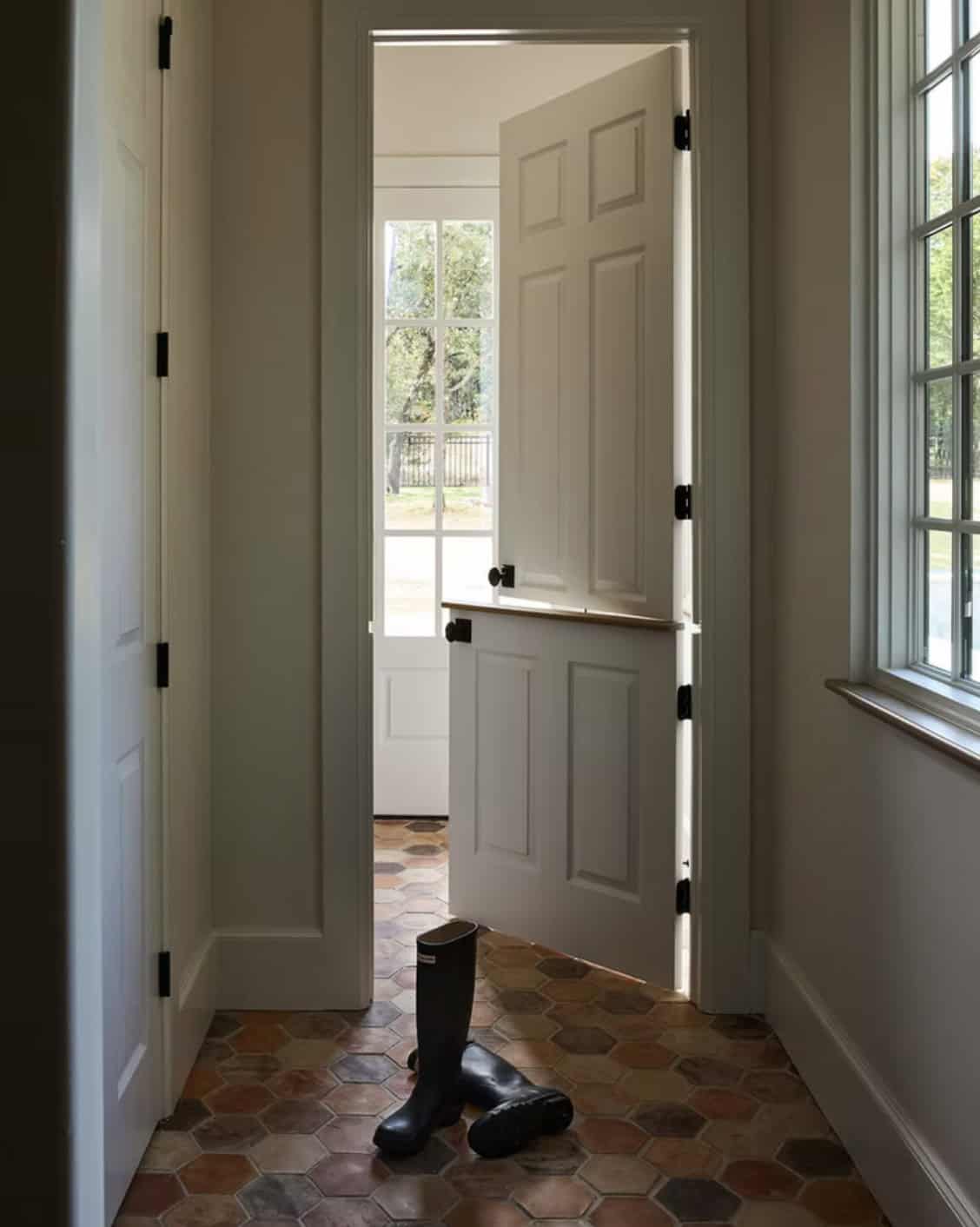 Dutch Door Mudroom Entry with Terracotta Hex Floor