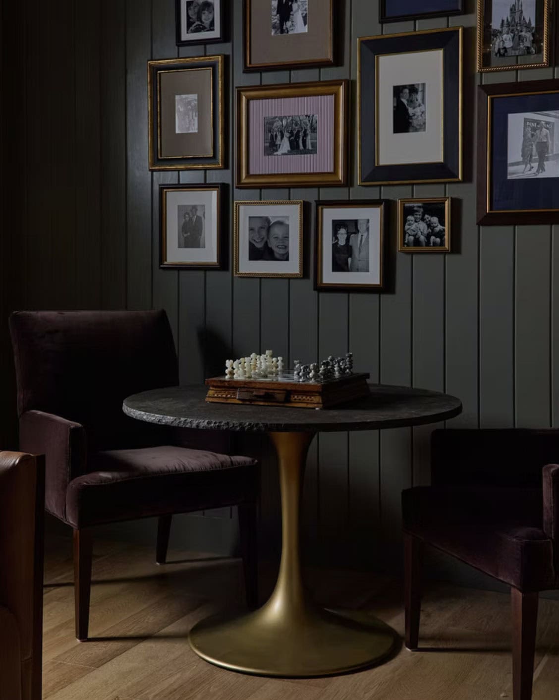 Dark Study Corner with Gallery Wall and Chess Table
