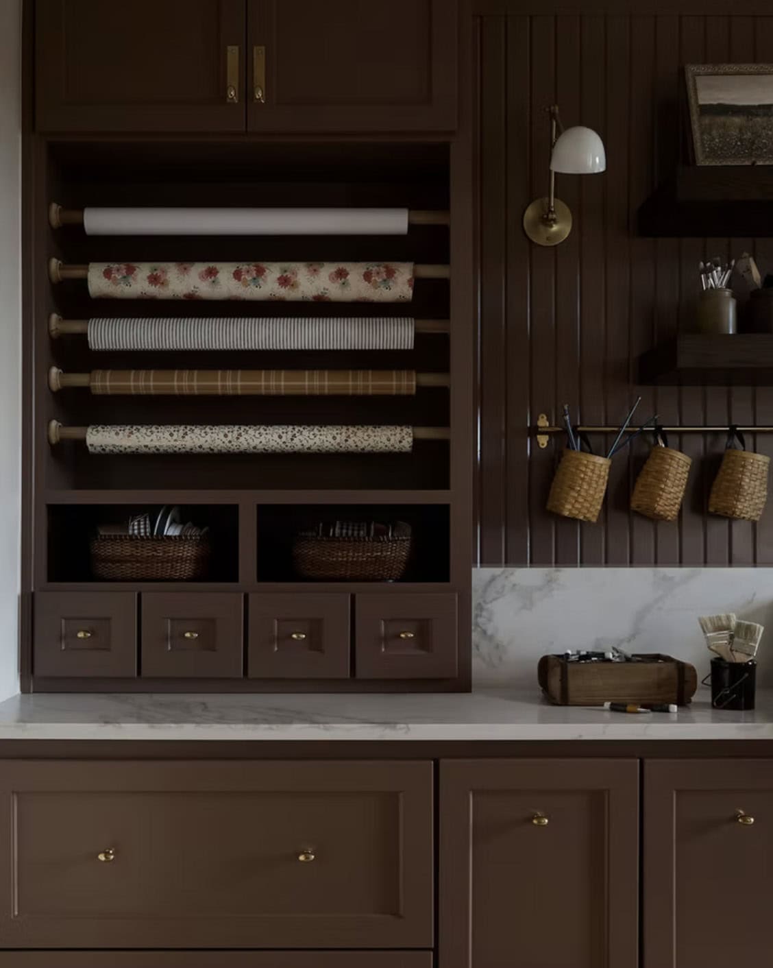 Built-In Wrapping Paper Roll Organizer with Wicker Baskets