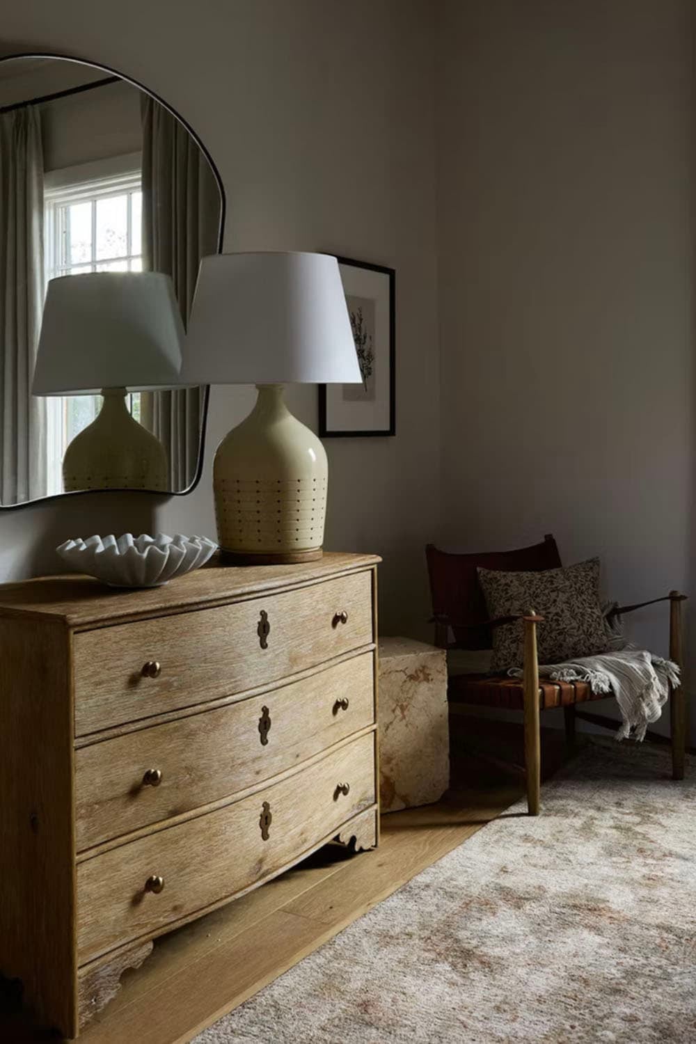 Guest Bedroom Dresser Vignette with Arched Mirror
