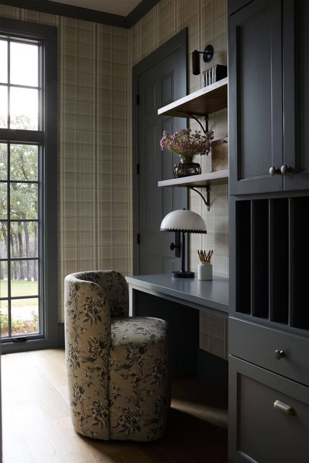 Built-In Home Office Nook with Plaid Wallpaper and Toile Chair