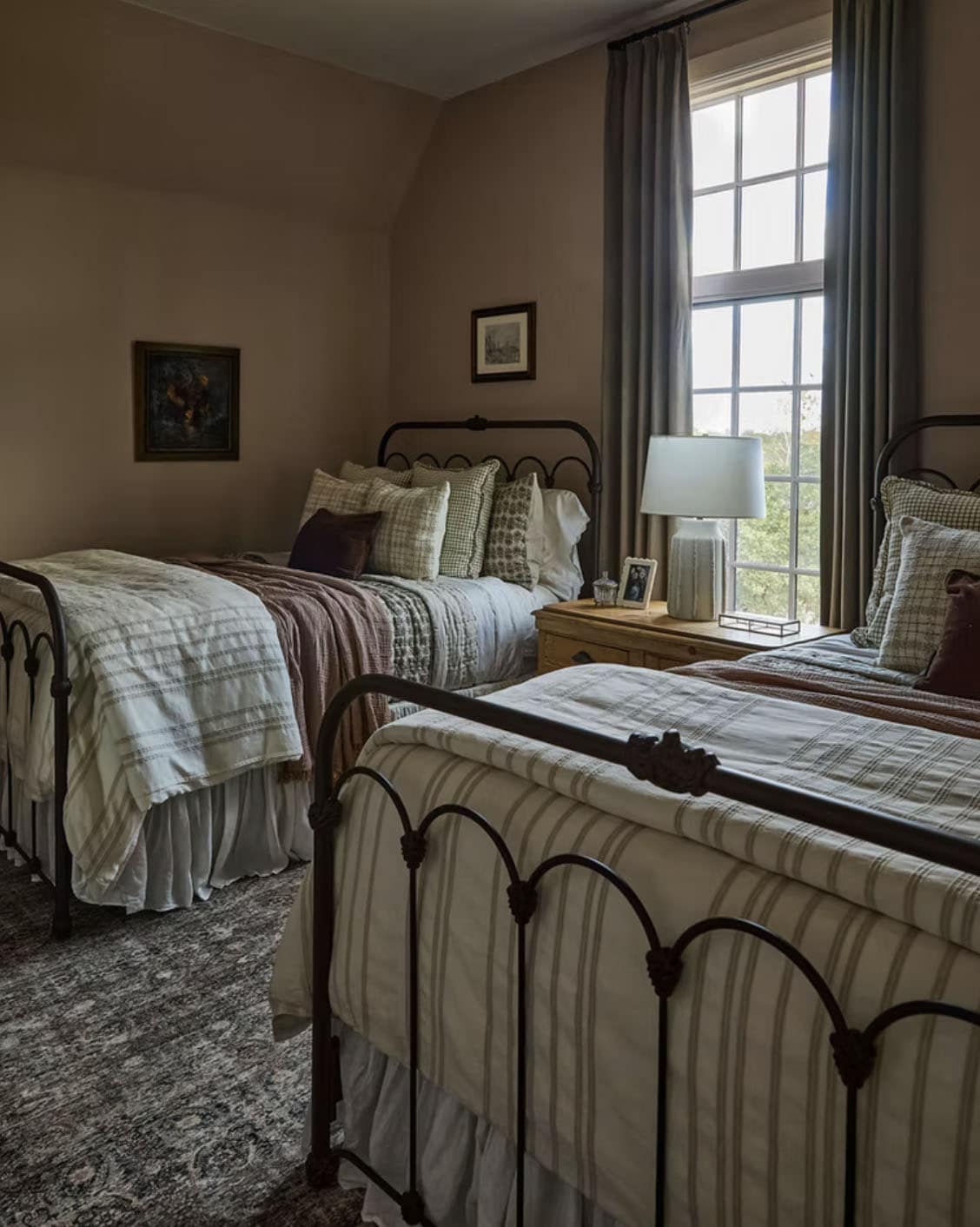 Twin Iron Bed Guest Room with Warm Taupe Walls